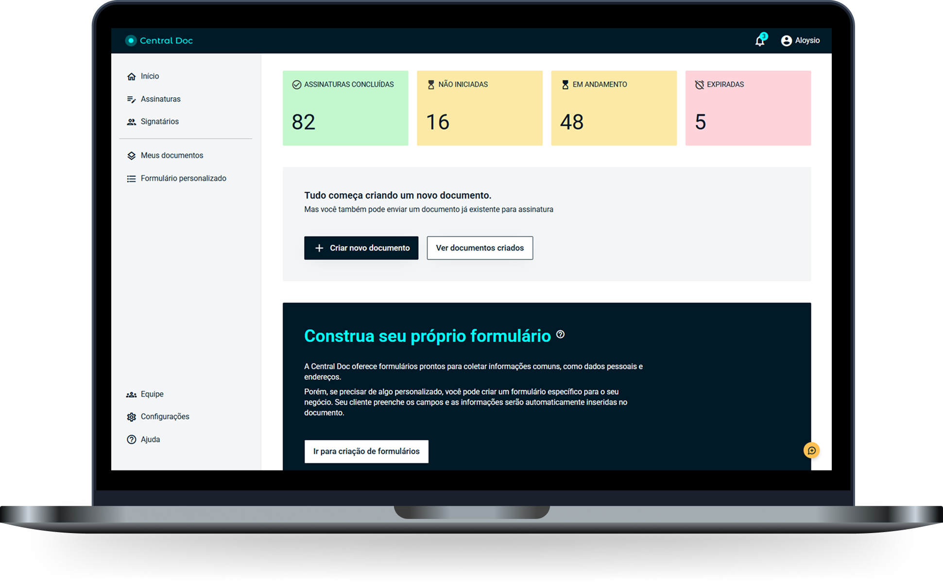 laptop mostrando a homepage da central doc