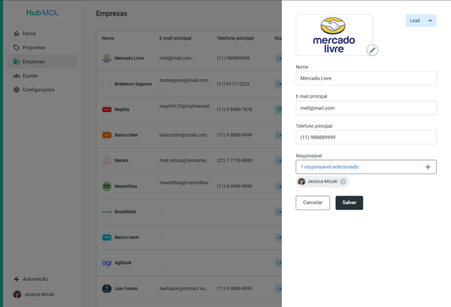 Tela de empresas no Hub MOL